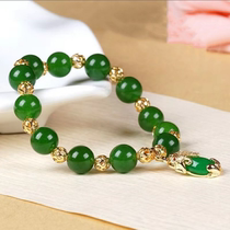 Natural Xinjiang Hetian Jade Jasper womens jade bracelet full green Pit gold inlaid jade lucky hand string