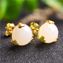 Natural Xinjiang Hetian Jade white jade earrings Jade S925 silver inlay earrings female