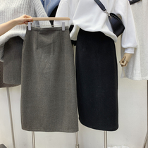 2021 autumn and winter New Korea East Gate long high waist solid color versatile retro back split woolen skirt women