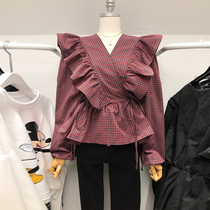 South Korea East Gate 2021 autumn and winter New temperament V-neck ruffle waist strap plaid shirt womens top