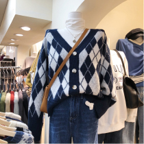 Dongdaemun coat 2021 autumn and winter New Korean version of retro Joker diamond design feel loose sweater cardigan women