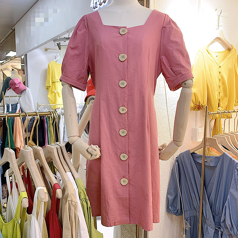 2021 summer new Korean version of thin and sweet short-sleeved high-waisted square collar solid-color cotton linen loose row of button dress