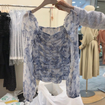 2022 Summer Korea East gate Spring loaded with new folds printed square collar lined with bubble sleeves Long sleeves shirt tide