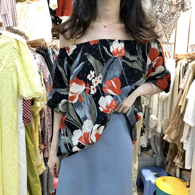 2021 spring summer new item Korean style temperament wild loose thin short-sleeved rubber rib one-shoulder casual top womens fashion