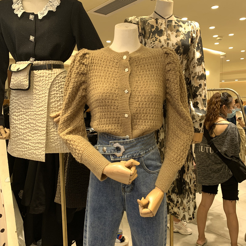 South Korea East Gate Women's Dress 2021 Early Autumn New Fashion 100 Hitch Bubble Long Sleeve Knitted Round Collar Single Row Buttoned Blouse