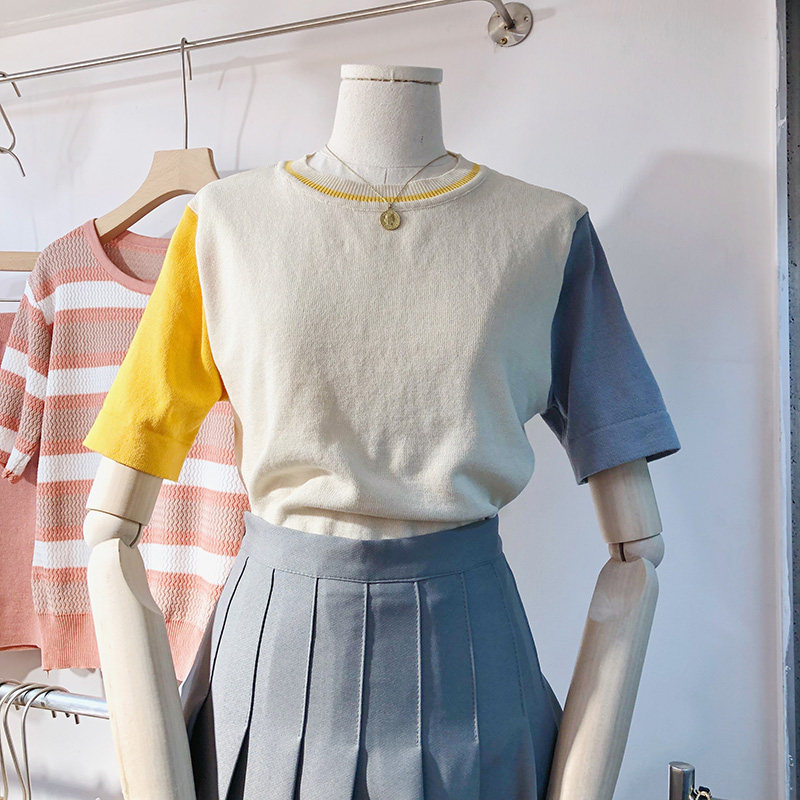 2021 spring summer new item Korean version thin fashion wild contrast sleeve ice silk loose short-sleeved pullover knitwear top