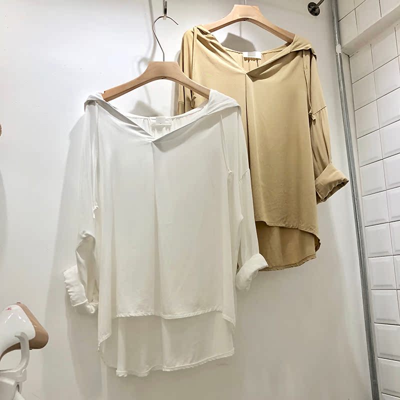Trùm đầu áo sơ mi nữ mùa thu 2018 mới của Hàn Quốc phiên bản của màu rắn dài tay áo thun áo sơ mi nhỏ lỏng mỏng kem chống nắng quần áo áo sơ mi nữ áo sơ mi nữ dài tay cao cấp