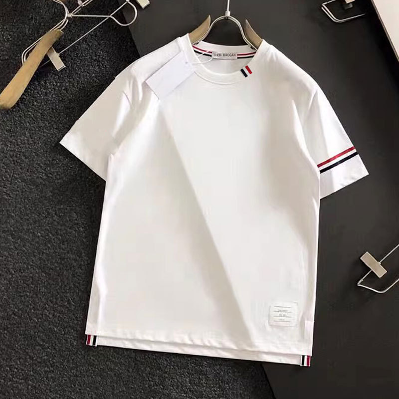 Summer New Style Tb Collar with One Side Webbing Short-Sleeve T-Shirt for Men and Women, Casual Cotton Round-Neck Couple Half-Sleeve Trendy Shirt