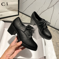 Ingléin Wind Small Leather Shoes Women 2022 Spring New Plus Suede Deep Mouth Laces Coarse Heel Single Shoes 100 Hitch Black Working Shoes