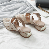 2021 summer New hollow Baotou sandals women rough with net Red fashion wear wild Mueller half slippers women