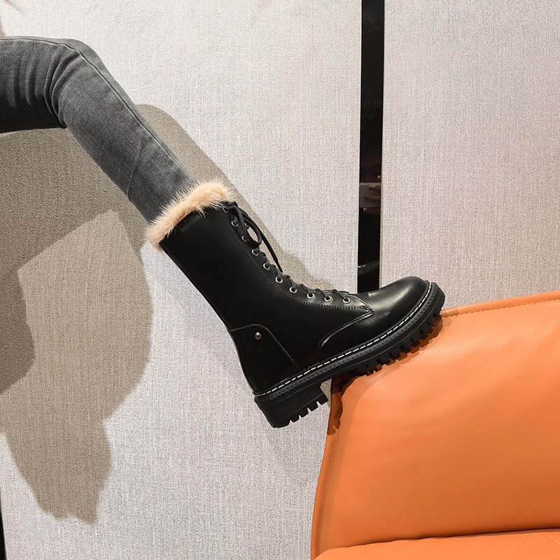 Leather Martin boots female British style 2020 autumn and winter new mid-boots thick-soled short boots plus velvet thick cotton shoes