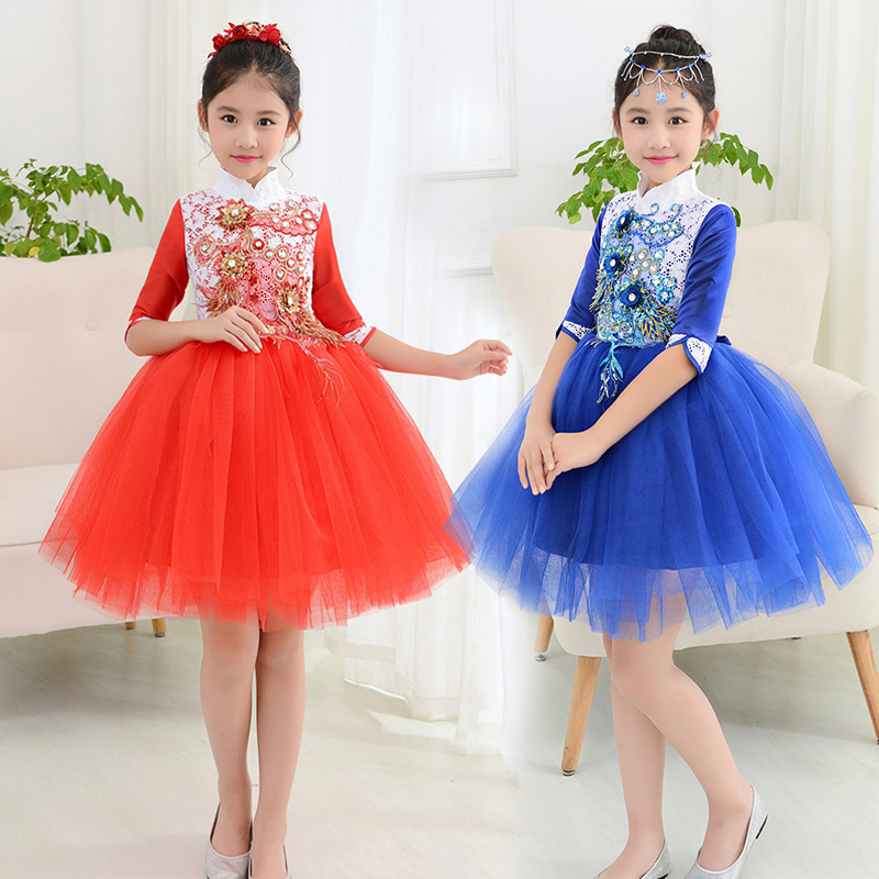 Mùa thu và mùa đông Những chàng trai và cô gái tay dài ngày tết hợp xướng trang phục trẻ em công chúa lông bông gạc guzheng trang phục quần áo trẻ em 10 tuổi