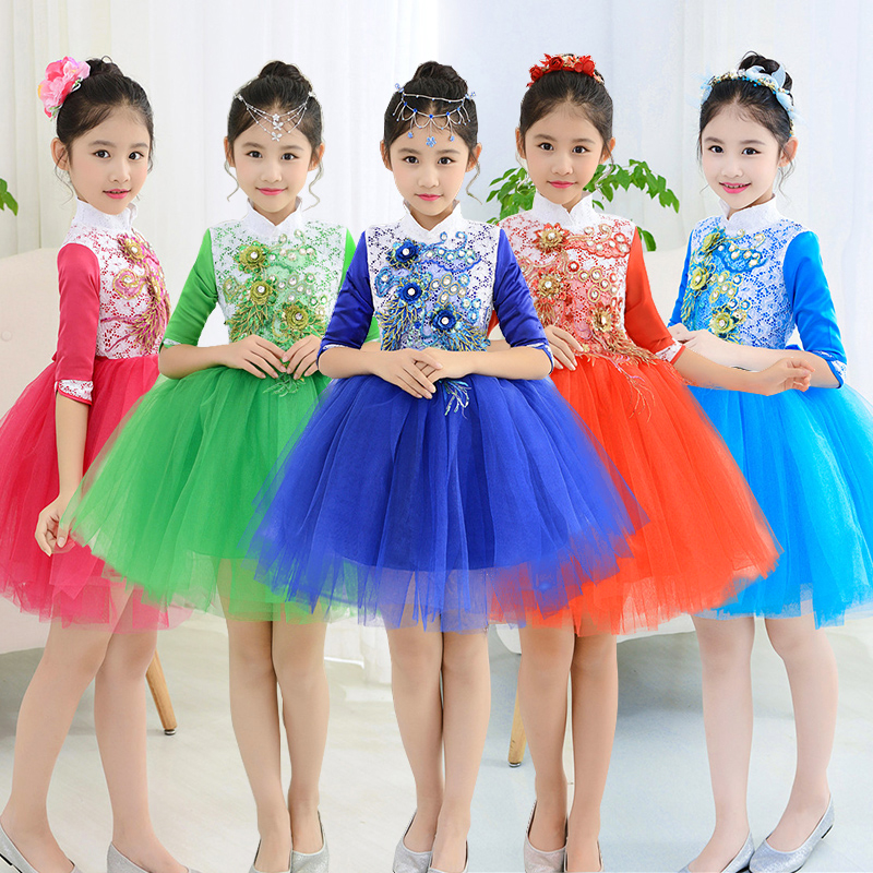 Mùa thu và mùa đông Những chàng trai và cô gái tay dài ngày tết hợp xướng trang phục trẻ em công chúa lông bông gạc guzheng trang phục quần áo trẻ em 10 tuổi