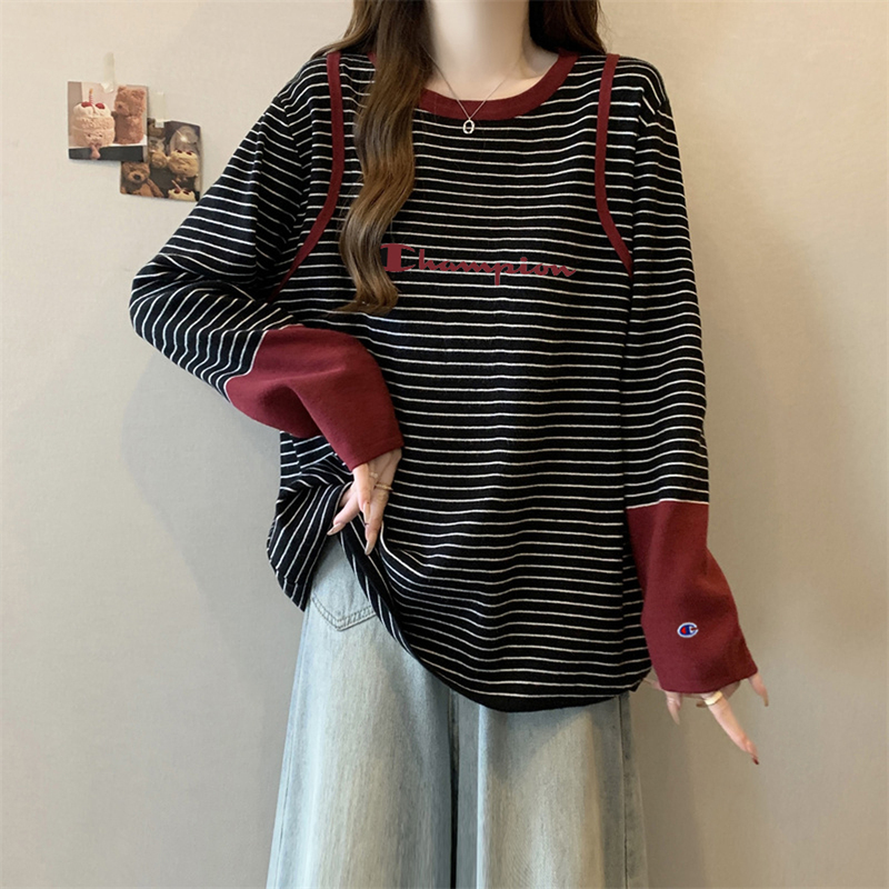Japanese Style Champion Color-Block Striped T-Shirt for Women, 2026 Autumn and Winter New Design, Loose and Casual Brushed Base Shirt