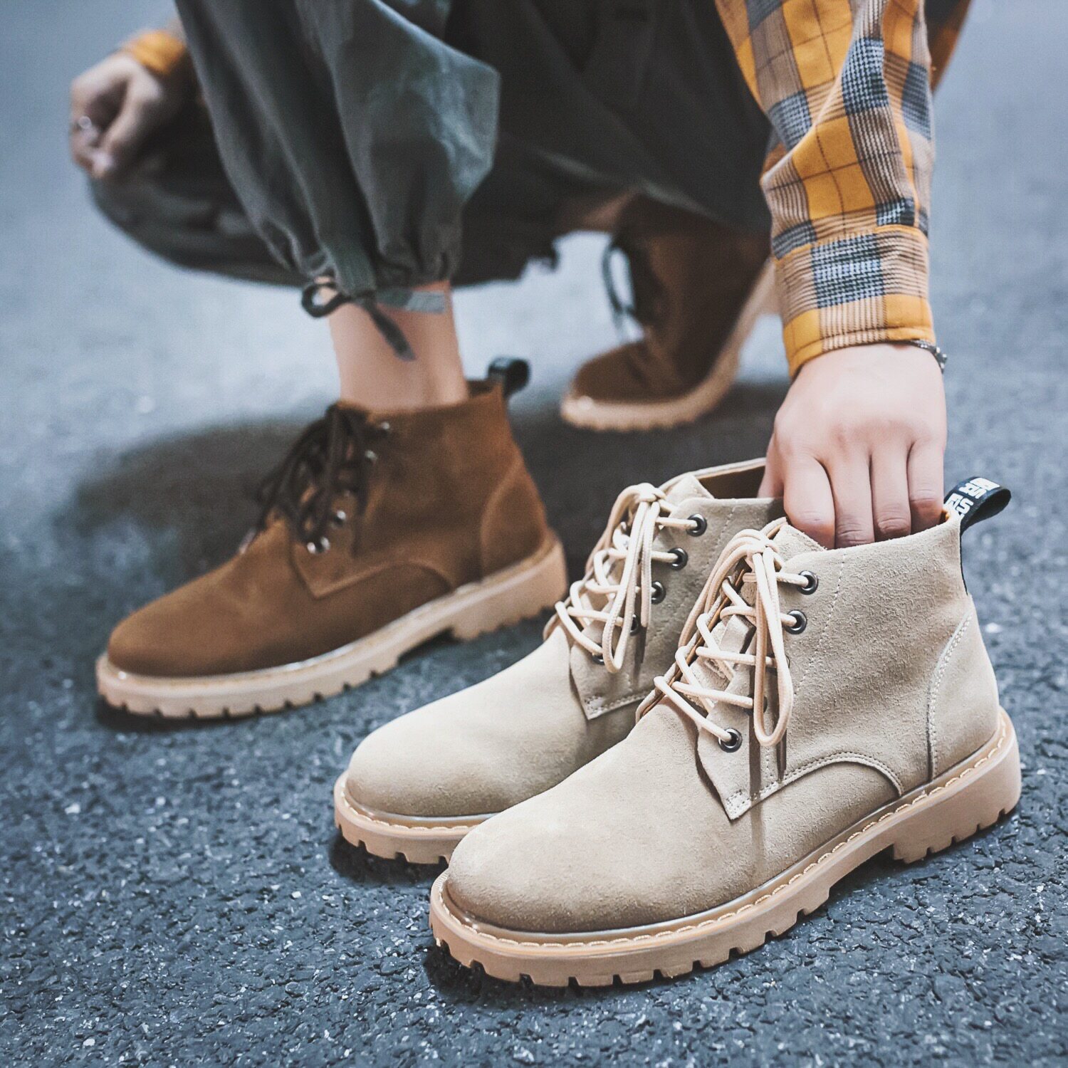 Martin boots men's British mid-tube leather ankle boots all-match tooling boots suede leather autumn new high-top shoes men's fashion - Taobao