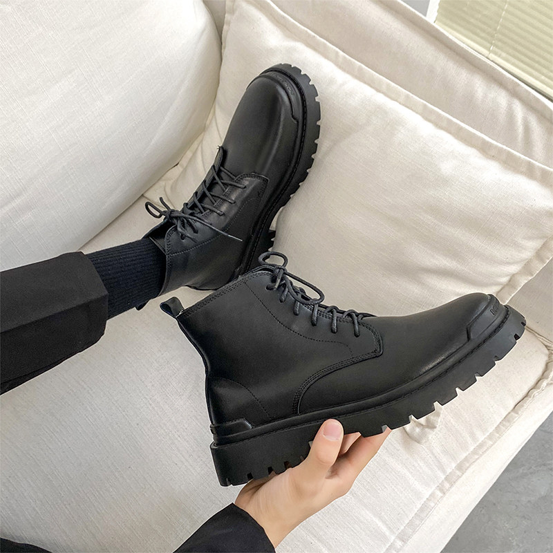 ins Martin boots male middle cylinder genuine leather tooling boots Inlenty wind black men high cylinder leather shoes Korean version machine car boot tide