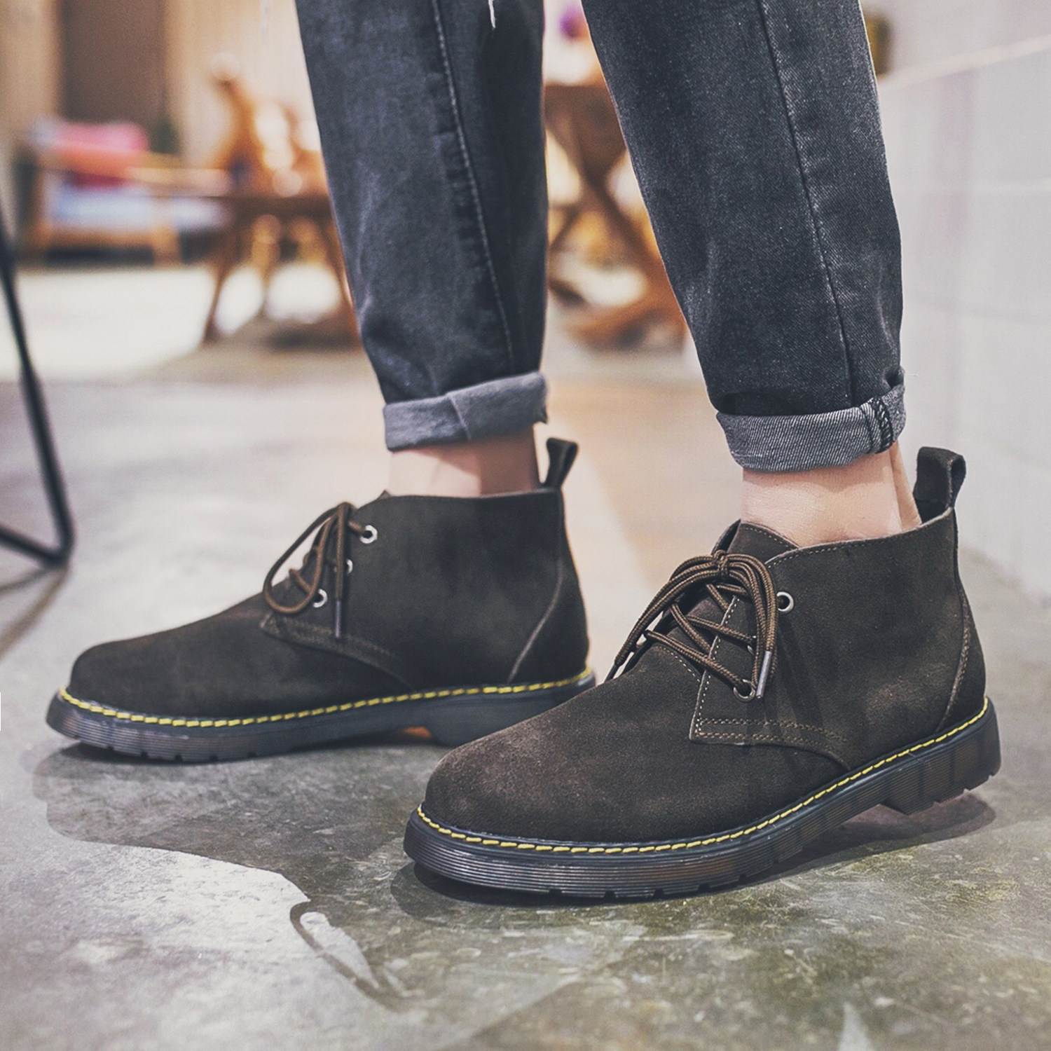 Martin boots men's mid-tube short boots British style all-match trend tooling boots suede casual retro trendy boots men - Taobao