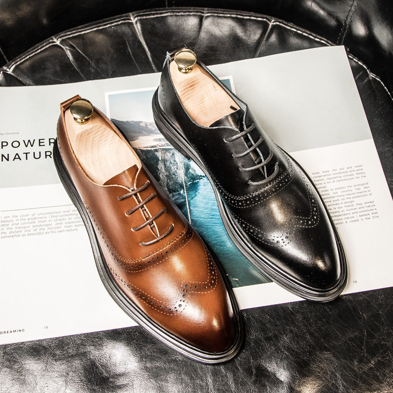 Brown leather shoes men's business formal British casual shoes Korean version of the wild summer breathable brogue carved men's shoes