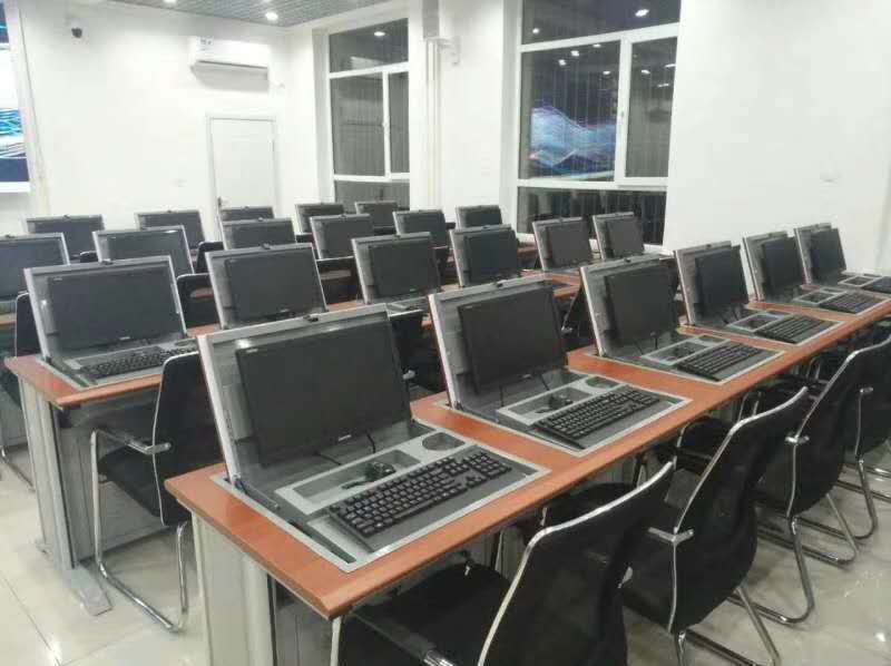 Single-double trio bit liquid crystal lifting and overturning type computer classroom computer desk flipper