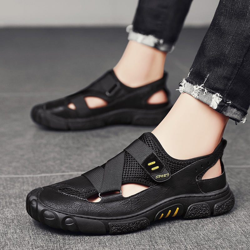 Summer hollowed-out sandals men's business casual leather shoes men genuine leather soft-bottom sandals Dual-purpose penetrate gas dongle dongle shoes