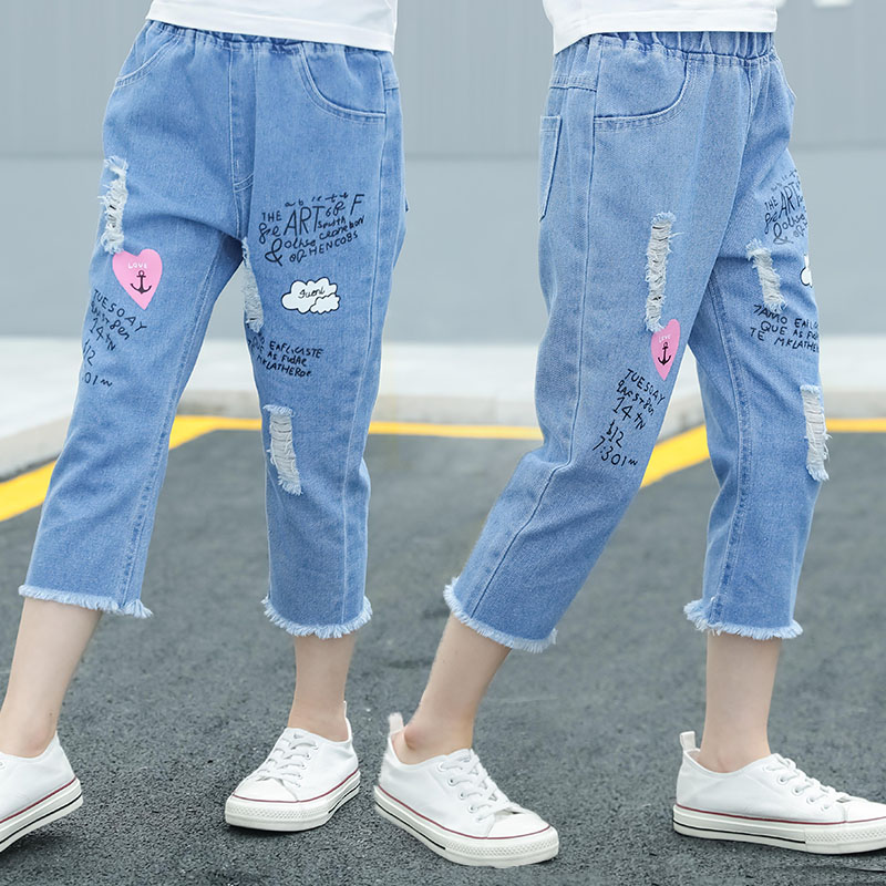 Girls' pants summer thin 2022 new Korean edition of the big children's puppy jeans summer dress and casual children seven pants tide