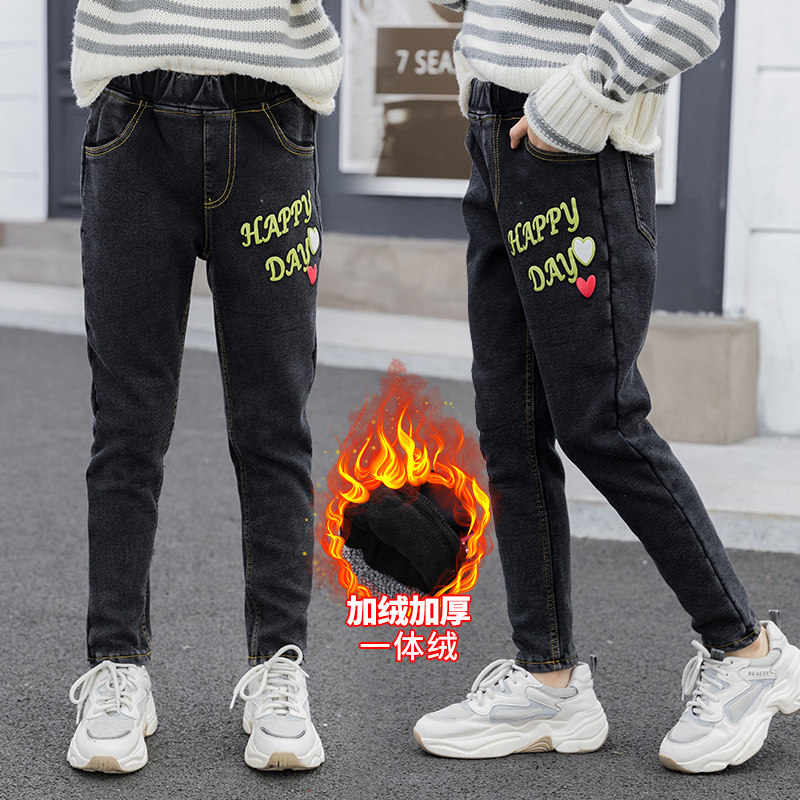 Girl Jeans Autumn Winter New Children CUHK Winter Plus Suede Thickening Integrated Suede Girl Foreign Palate Pants Tide