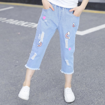 Girls summer loaded jeans slim fit 2022 new Korean version of the Korean Air Girl Scouts pants Children outside wearing seven pant pants