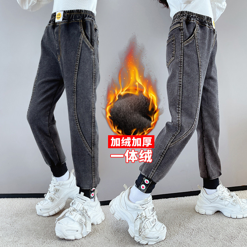 Girl Jeans Autumn Winter Outwear 6 Years Old Plus Suede Thickening Integrated Suede 8 Ocean Big Boy 10 Loose Children Pants