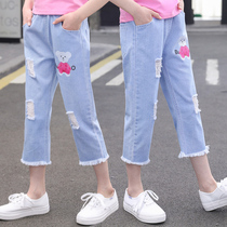 Girl Jeans Summer Children CUHK Child Loose Seven-minute Pants Summer Clothing Foreign Air Shorts Summer Thin pants outwear