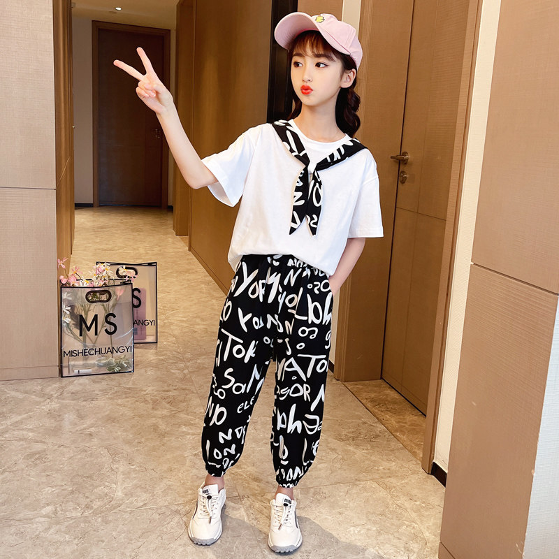 Girl's summer clothing suit 2022 new foreign pie girl casual trendy CUHK child Korean version online red Two sets summer