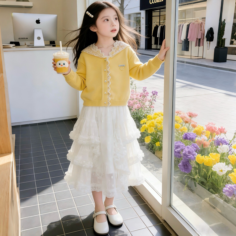 Girls' Dress Spring Outfit 2026 New Style Girls' Stylish Big Kids Sweater Set Dress Spring and Autumn Children's Princess Dress