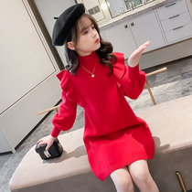 Girls sweater dress 2021 new autumn and winter CUHK girl girls dress with dress foreign air mesh red child knit underskirt