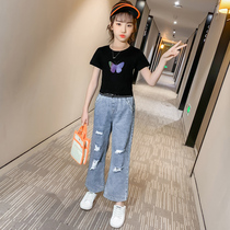 Girls 2021 new summer suit fashion children wide leg pants Korean version of childrens two-piece short sleeve clothes tide