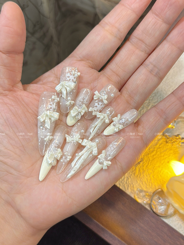Little Spicy Girl·【First Snow】High-End Long Zirconia Whitening Pearl Wedding Nails, Gentle Temperament, Detachable Nails