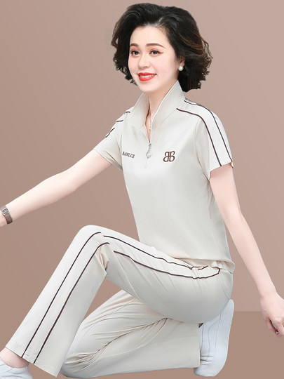 Летние повседневные спортивные костюмы для женщин среднего и пожилого возраста, модные топы для мам среднего возраста, футболки с короткими рукавами из ледяного шелка, комплект из двух предметов.