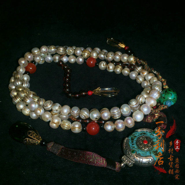 Antique Qing Dynasty spiral pattern pearl beads old Chaozhu crystal necklace necklace necklace 108 Buddha beads rosary collections