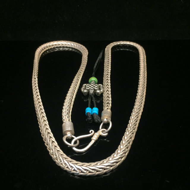India handmade old silver Nepal vintage hollow four edges old silver necklace Men and women's gift sweater chain silver jewelry