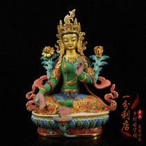Nepal handmade bronze gilt gold tantric painting color green mother Buddha statue offering ornaments