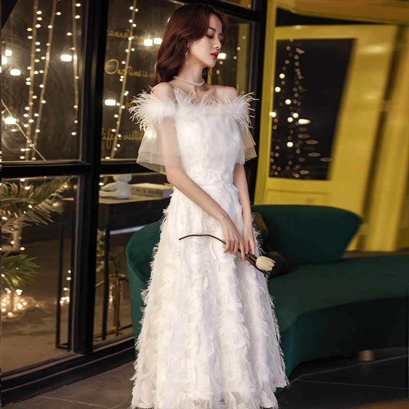 White Evening Dress, Elegant Party Dress with Feathers, Off-Shoulder, Mid-Length, Light Luxury, Niche, High-End A-Line Dress