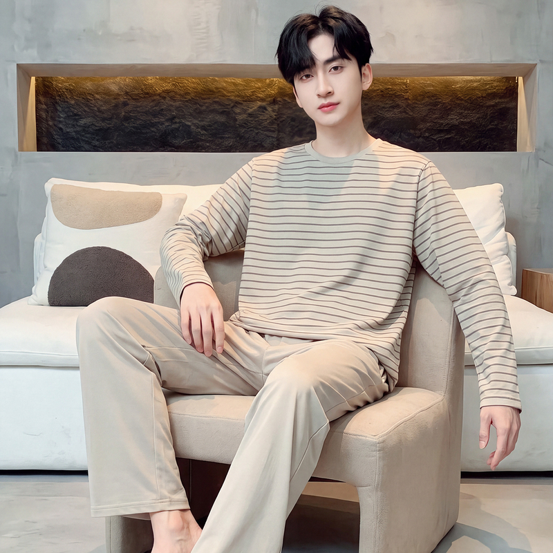 Men's Pajamas Autumn and Winter Pure Cotton Casual Youth Striped Men's Spring and Autumn Thin Plus Size Home Wear Set