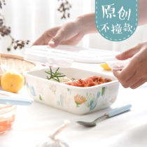 Ceramic lunch box students office workers with rice grid type three-grid microwave heating with lid lunch box lunch box set