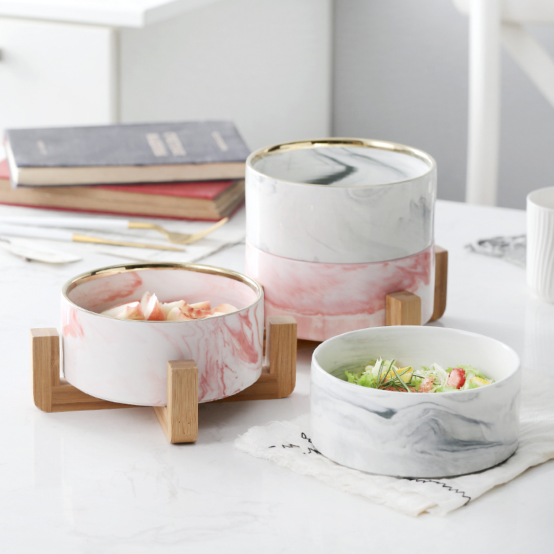 Nordic marble light luxury home ceramic parlor fruit salad bowl noodle bowl soup bowl tableware with wooden frame