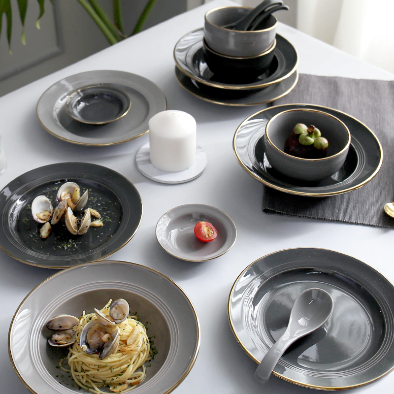 Light and luxurious home Nordic Ceramic Eating Bowls Large Noodle Bowl Soup Bowls dishes Dishes Plate plate Black Grey Cutlery