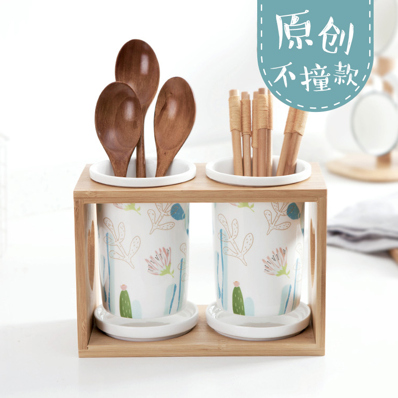 Home Ceramic Chopstick Cylinder Chopstick Basket Chopsticks Holder Barrel Chopstick Cage Kitchen Multifunction Suit Nordic Drain Chopsticks Cage