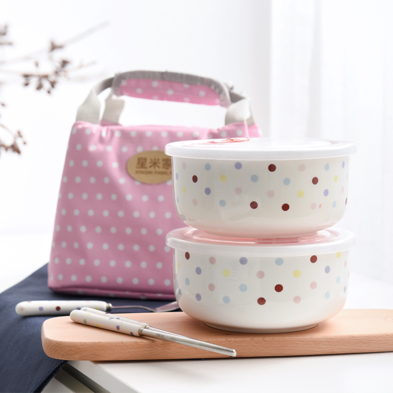Round large ceramic fresh-keeping bowl microwave oven lunch box lunch box refrigerator lunch box sealed box with lid bag set
