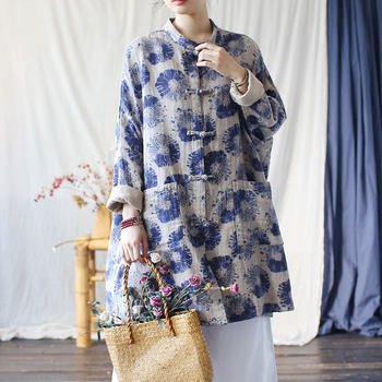 Chinese-Style Long Coat 2025 Spring New Vintage Ethnic Style Stand-Up Collar Buttoned Front Pure Cotton Plus-Size Top for Women