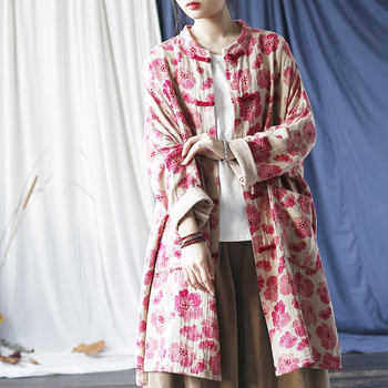 24 Spring New Chinese Style Women's Jacket Retro Ethnic Style Stand Collar Button Pure Cotton Loose Plus Size Mid-Length Top