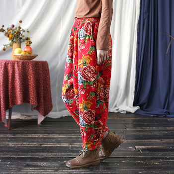 Autumn and Winter New Women's Clothing, Northeastern Large Floral Cotton Pants, Thickened with Northern-Grade Velvet for Warmth, Casual Long Pants, Artistic Loose Fit, Carrot Style