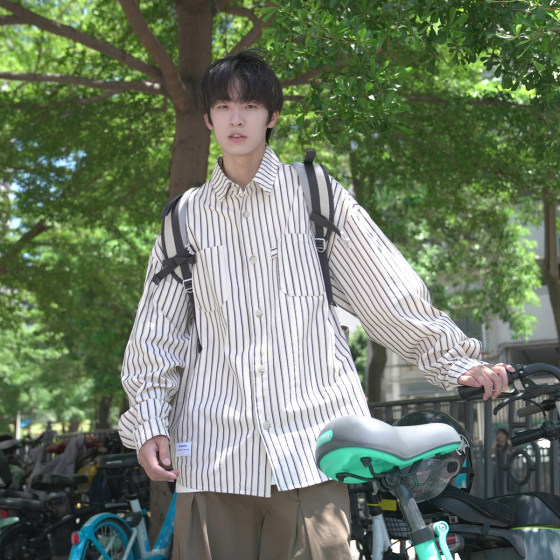 A2024 spring men's pure cotton long-sleeved shirt Japanese style boyish striped design versatile student shirt top trend