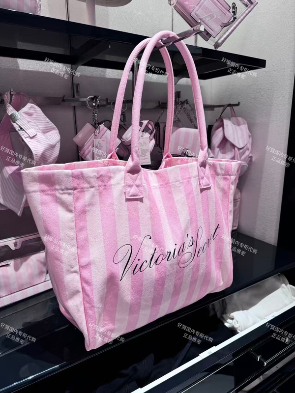 Victoria's Secret Vs Girls' Canvas Bag Handbag Shoulder Bag Tote Bag Victoria's Secret Pink and White Striped Women's Bag